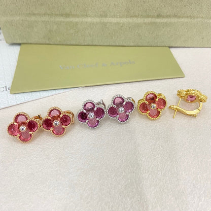 [⭐⭐JeweliWhal]2026 NEW  CLOVER 1 MOTIFPINK ENAMEL STUD EARRINGS WITH DIAMONDS2