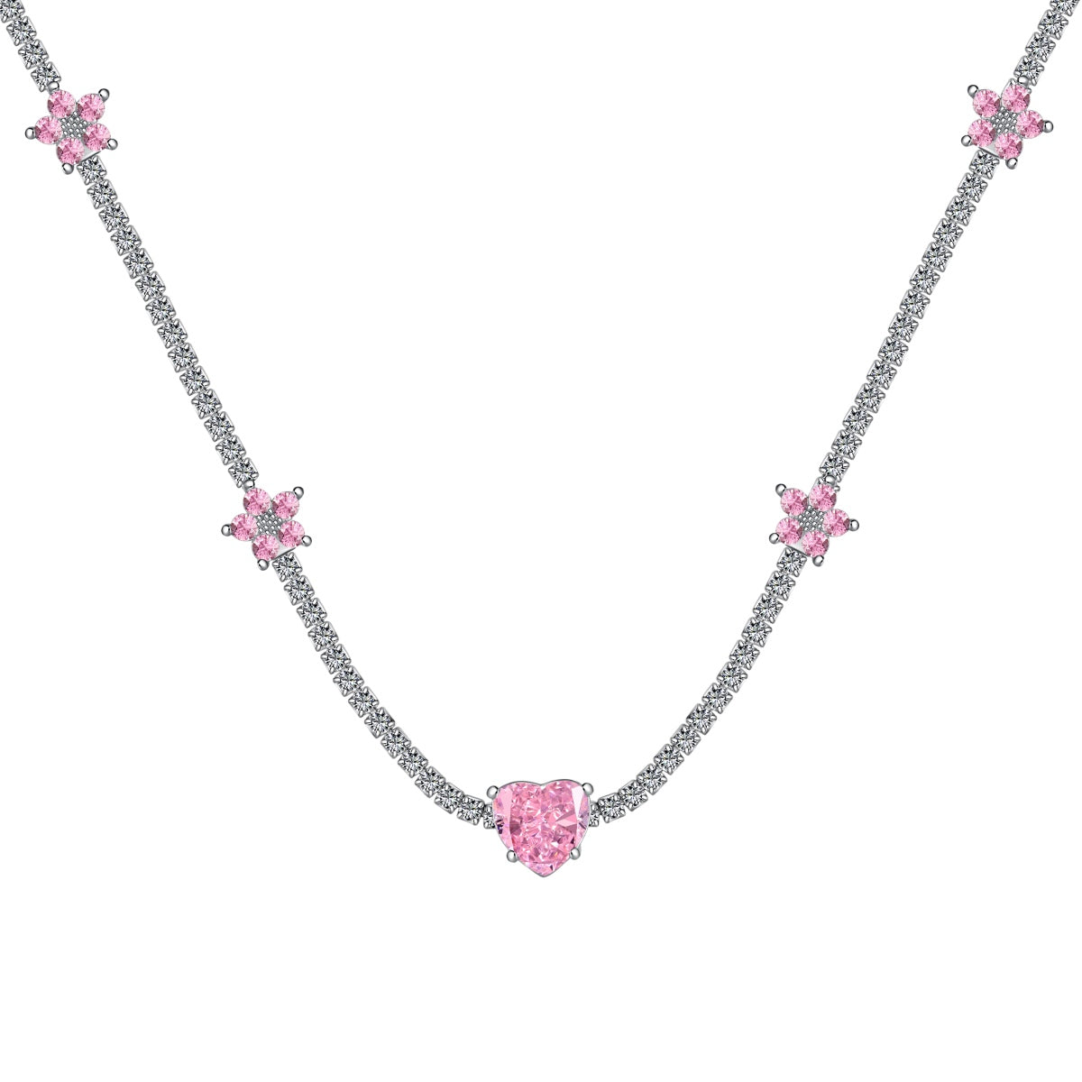 [Manual]Dazzling Pink Heart Flower Necklace
