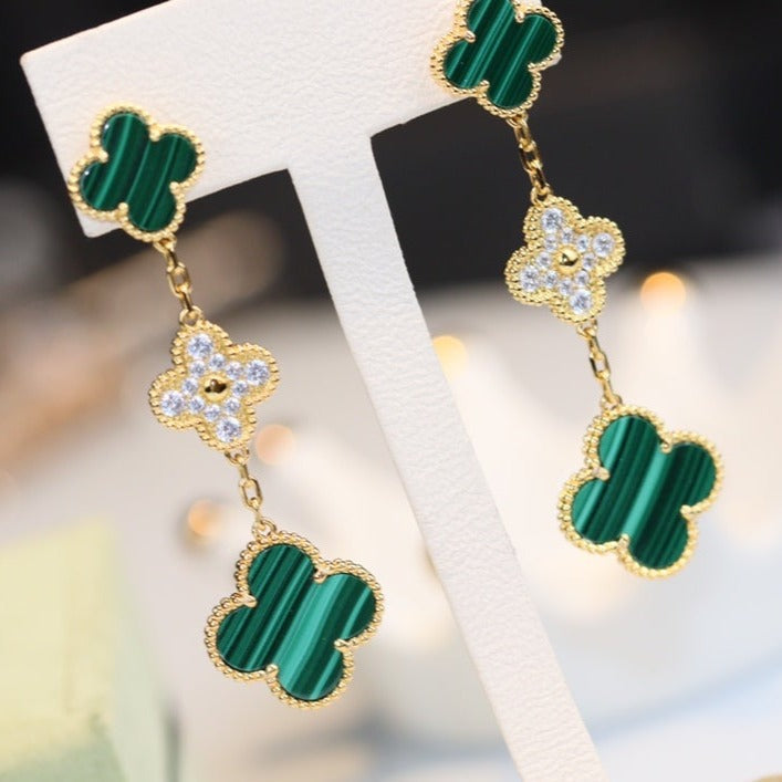 [⭐⭐JeweliWhal]CLOVER EARRINGS GOLD MALACHITE DIAMOND 3 MOTIF