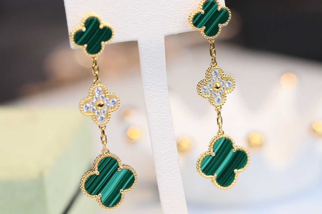 [⭐⭐JeweliWhal]CLOVER EARRINGS GOLD MALACHITE DIAMOND 3 MOTIF