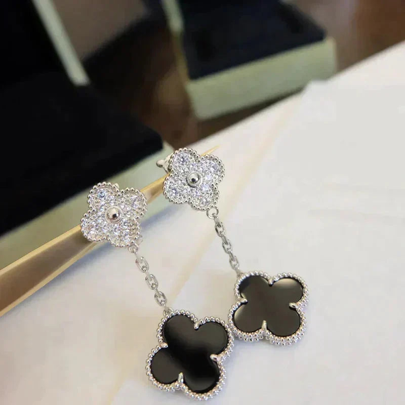 [⭐⭐JeweliWhal]CLOVER 2 MOTIFS  DIAMOND ONYX EARRINGS SILVER