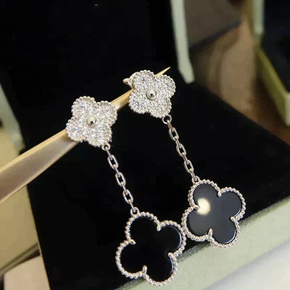 [⭐⭐JeweliWhal]CLOVER 2 MOTIFS  DIAMOND ONYX EARRINGS SILVER