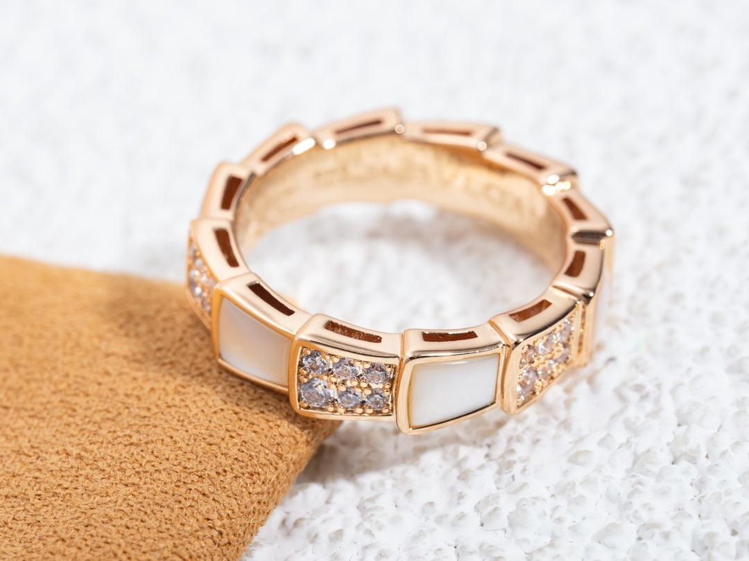 [⭐⭐JeweliWhal]SERPENTI RING PINK GOLD MOP DIAMOND PAVED 4MM