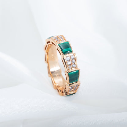 [⭐⭐JeweliWhal]SERPENTI RING PINK GOLD MALACHITE DIAMOND PAVED 4MM