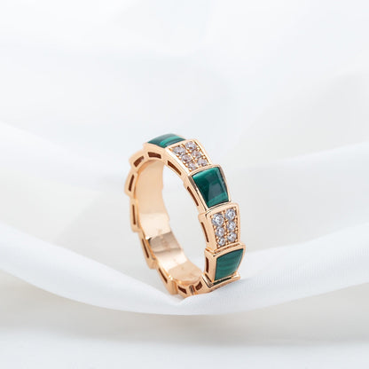 [⭐⭐JeweliWhal]SERPENTI RING PINK GOLD MALACHITE DIAMOND PAVED 4MM