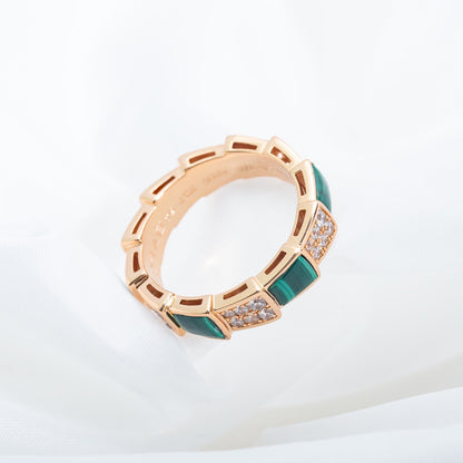 [⭐⭐JeweliWhal]SERPENTI RING PINK GOLD MALACHITE DIAMOND PAVED 4MM