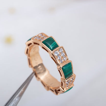 [⭐⭐JeweliWhal]SERPENTI RING PINK GOLD MALACHITE DIAMOND PAVED 4MM