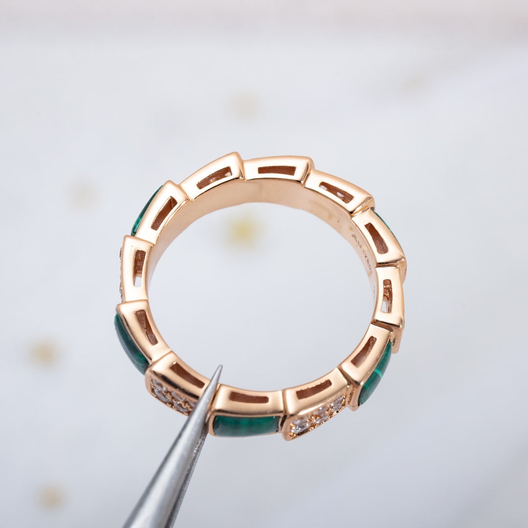 [⭐⭐JeweliWhal]SERPENTI RING PINK GOLD MALACHITE DIAMOND PAVED 4MM