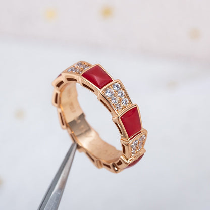 [⭐⭐JeweliWhal]SERPENTI RING PINK GOLD CARNELIAN DIAMOND PAVED 4MM
