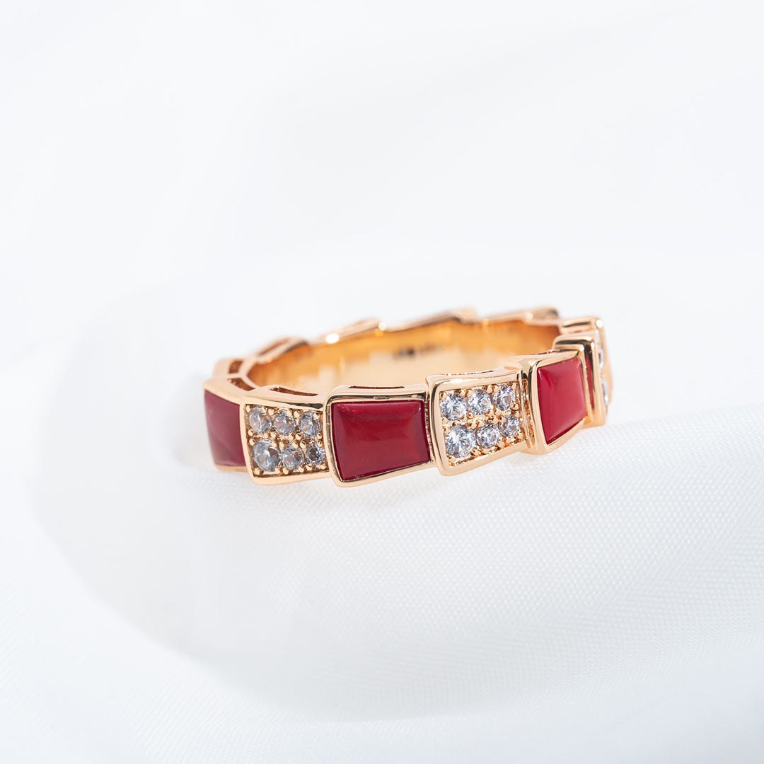 [⭐⭐JeweliWhal]SERPENTI RING PINK GOLD CARNELIAN DIAMOND PAVED 4MM