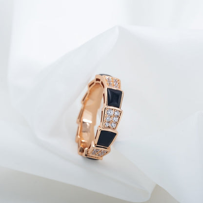 [⭐⭐JeweliWhal]SERPENTI RING PINK GOLD BLACK MOP DIAMOND PAVED 4MM