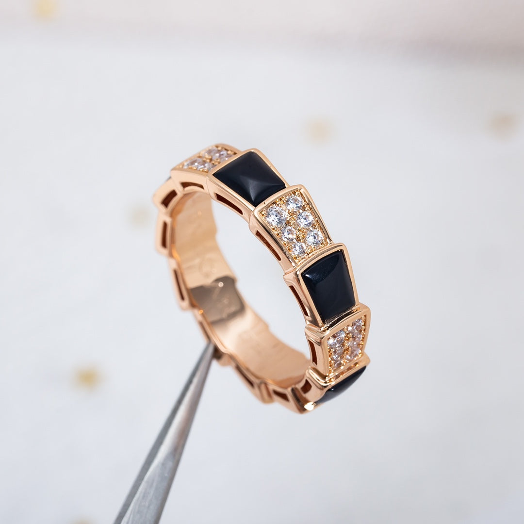 [⭐⭐JeweliWhal]SERPENTI RING PINK GOLD BLACK MOP DIAMOND PAVED 4MM