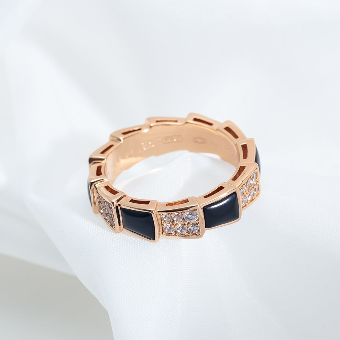 [⭐⭐JeweliWhal]SERPENTI RING PINK GOLD BLACK MOP DIAMOND PAVED 4MM
