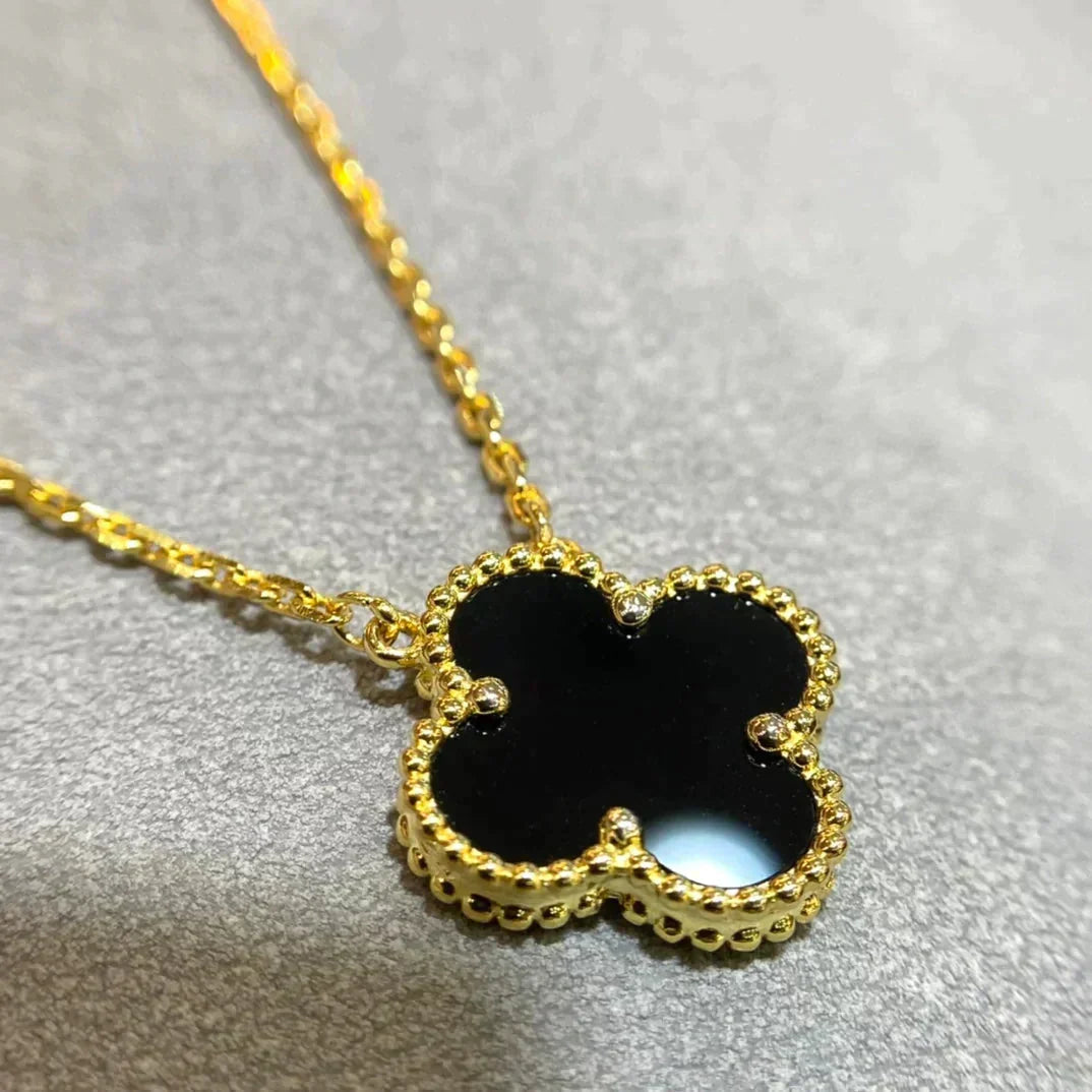 [⭐⭐JeweliWhal]CLOVER 15MM BLACK ONYX SINGLE FLOWER NECKLACE