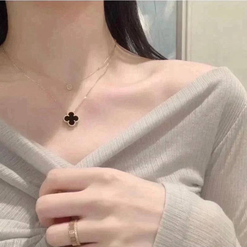 [⭐⭐JeweliWhal]CLOVER 15MM BLACK ONYX SINGLE FLOWER NECKLACE