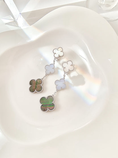 [⭐⭐JeweliWhal]CLOVER 3 MOTIVE CHALCEDON DUNKEL PERLMUTT SILBEROHRRINGE