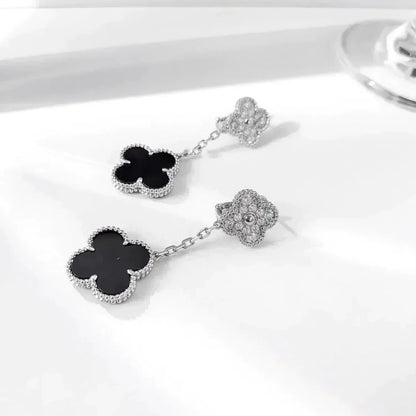 [⭐⭐JeweliWhal]CLOVER 2 MOTIFS  DIAMOND ONYX EARRINGS SILVER