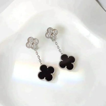 [⭐⭐JeweliWhal]CLOVER 2 MOTIFS  DIAMOND ONYX EARRINGS SILVER