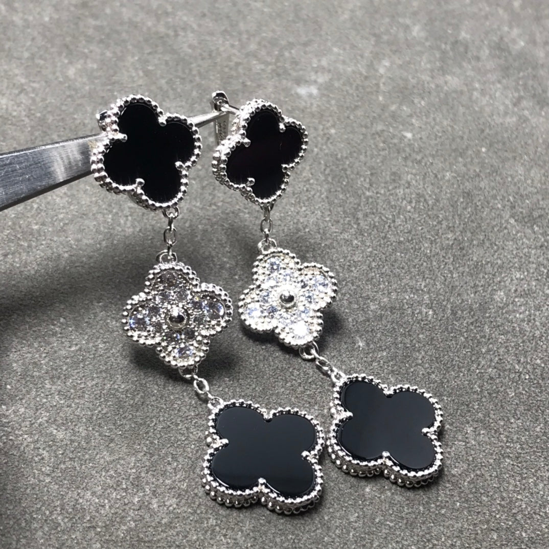 [⭐⭐JeweliWhal]CLOVER 3 MOTIV DIAMANT ONYX SILBER OHRRINGE