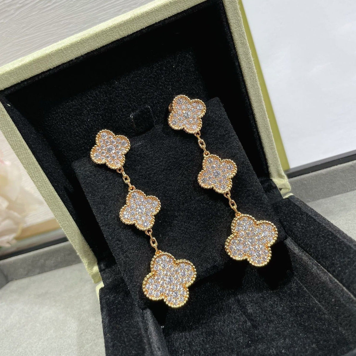 [⭐⭐JeweliWhal]CLOVER 3 MOTIFS DIAMOND PAVED ROSE GOLD EARRINGS