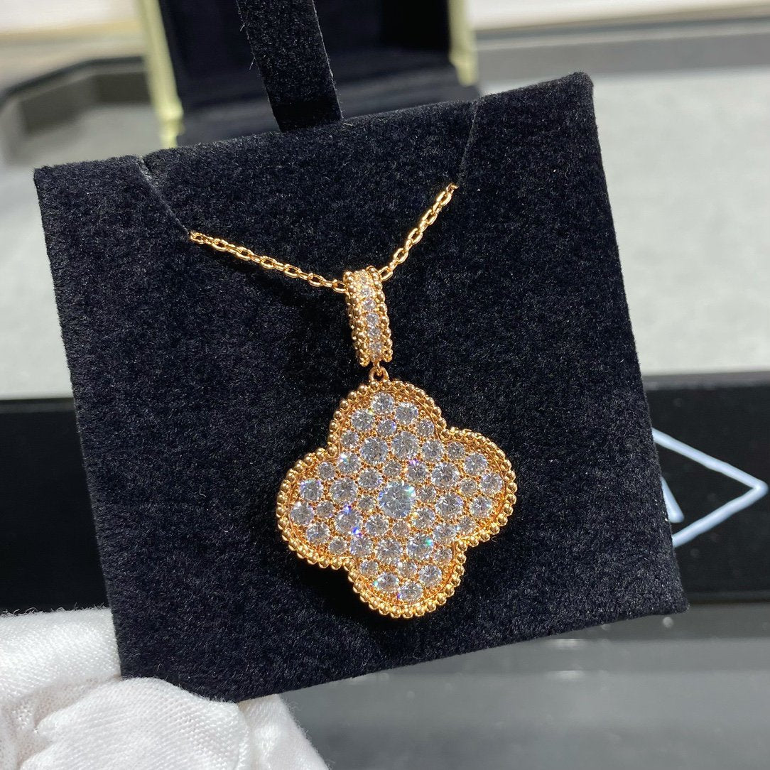[⭐⭐JeweliWhal]CLOVER 25MM LARGE PEDANT DIAMOND PAVED LONG NECKLACE