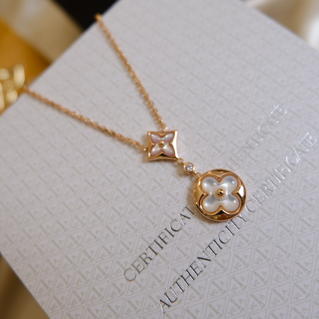[⭐⭐JeweliWhal]STAR AND SUN WHITE MOP 2 MOTIF PINK GOLD NECKLACE