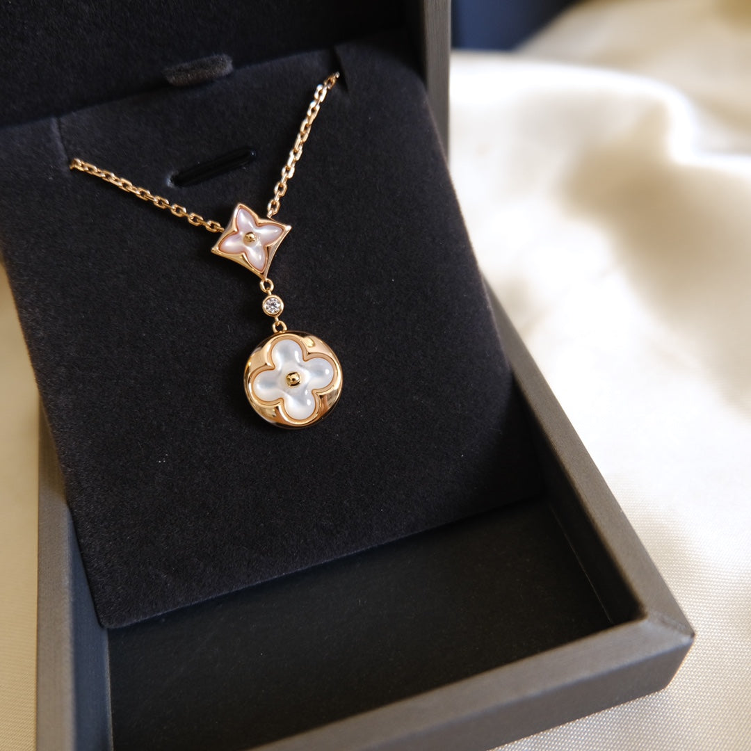 [⭐⭐JeweliWhal]STAR AND SUN WHITE MOP 2 MOTIF PINK GOLD NECKLACE