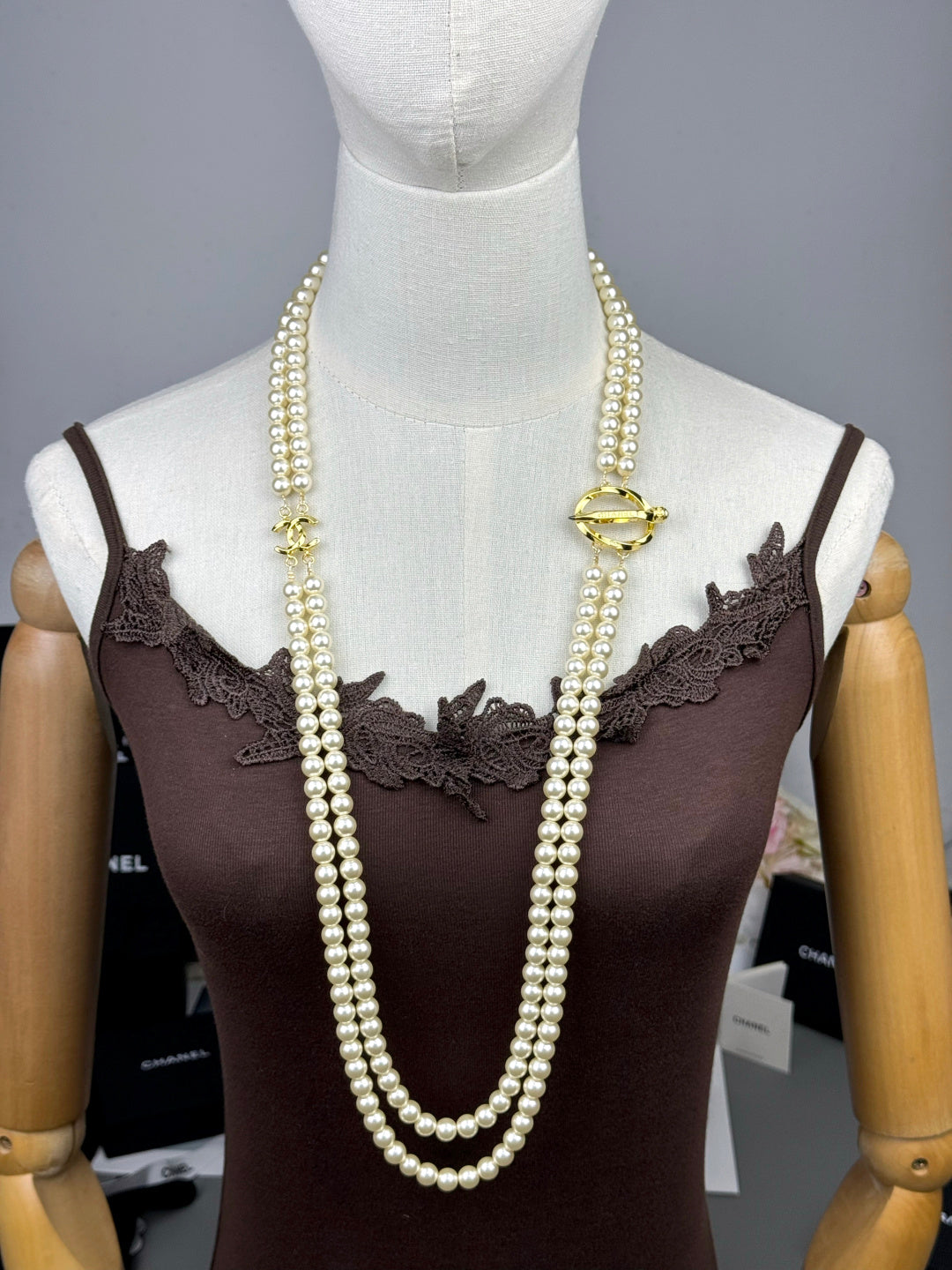 [⭐⭐JeweliWhal]25K Pencil Double C Double-Layer Pearl Sweater Chain