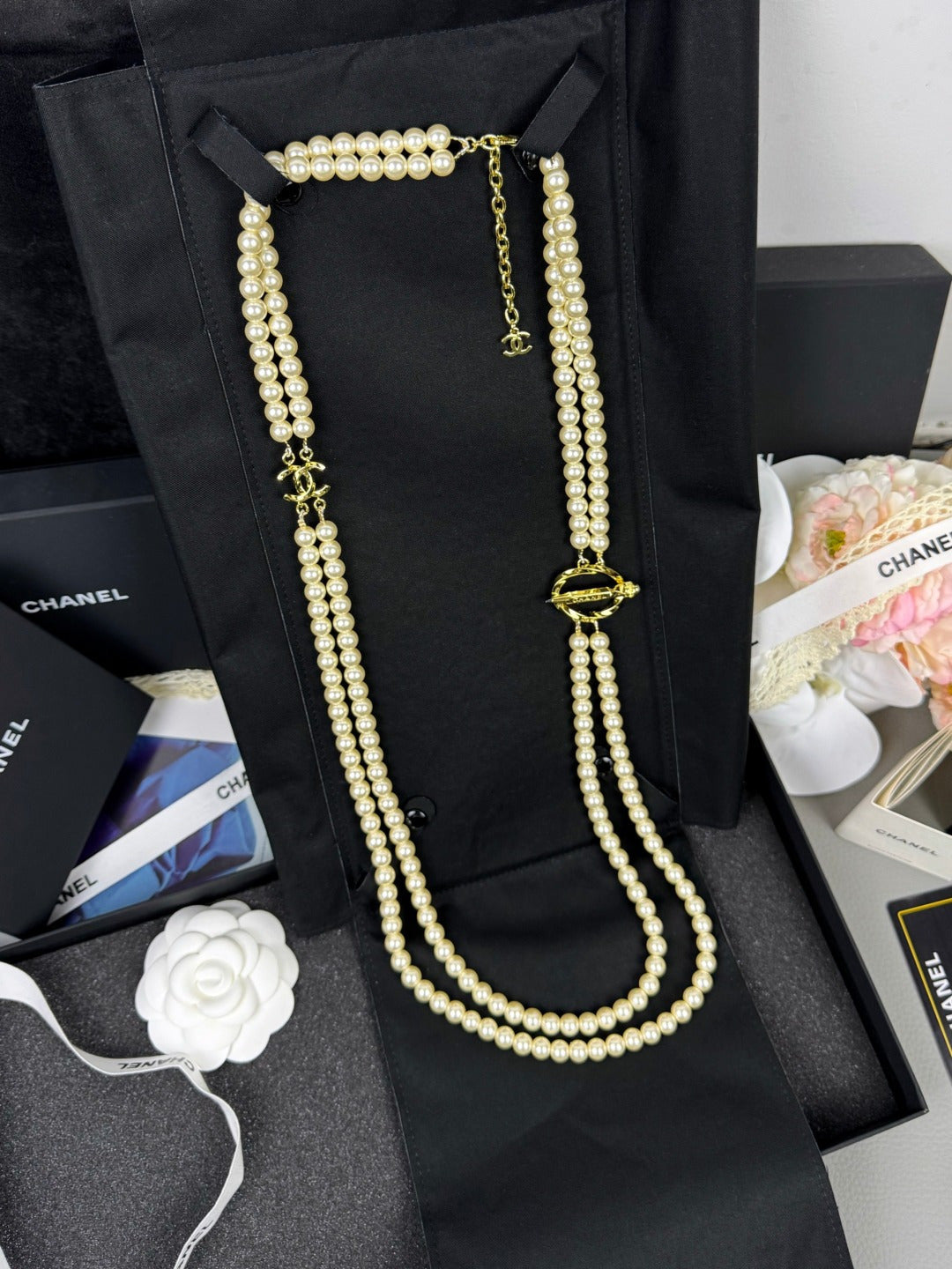 [⭐⭐JeweliWhal]25K Pencil Double C Double-Layer Pearl Sweater Chain
