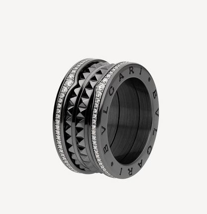 [⭐⭐JeweliWhal]ZERO 1 ROCK FOUR-BAND BLACK CERAMIC WITH STUDDED SPIRAL AND PAVED DIAMONDS RING