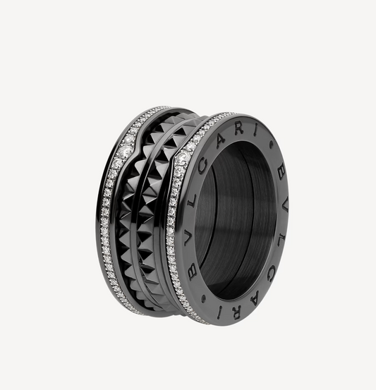 [⭐⭐JeweliWhal]ZERO 1 ROCK FOUR-BAND BLACK CERAMIC WITH STUDDED SPIRAL AND PAVED DIAMONDS RING