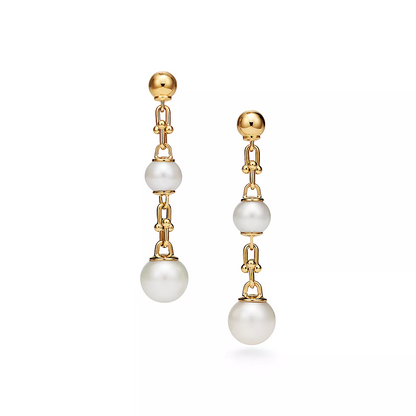 [JeweliWhal]TRIPLE DROP LINK EARRINGS GOLD WITH FRESHWATER PEARLS