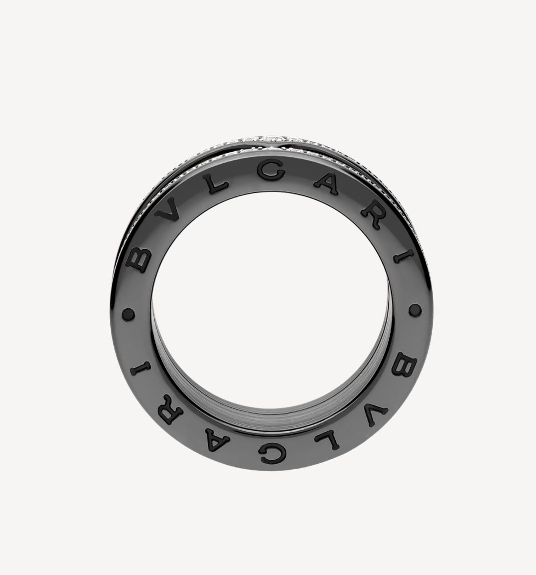 [⭐⭐JeweliWhal]ZERO 1 ROCK FOUR-BAND BLACK CERAMIC WITH STUDDED SPIRAL AND PAVED DIAMONDS RING