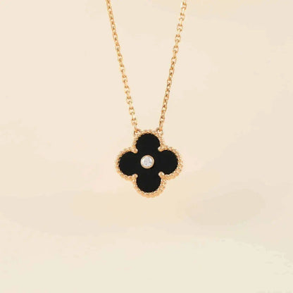 [⭐⭐JeweliWhal]CLOVER 15MM DIAMANT-ONYX-HALSKETTE