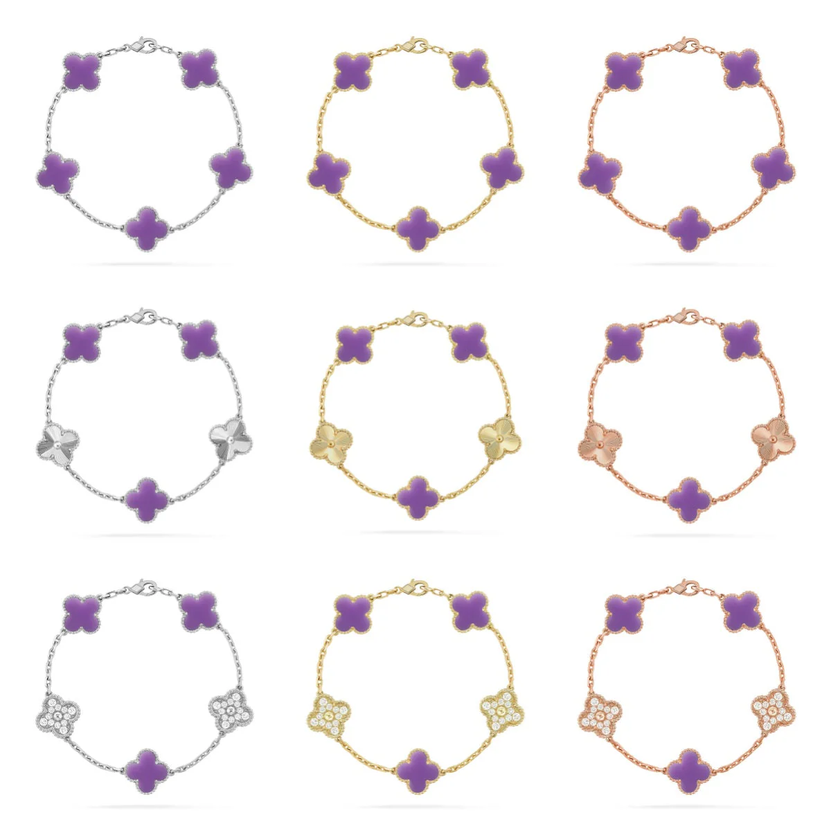 [⭐⭐JeweliWhal]KOLLEKTION ARMBAND MIT 5 KLEEBLATT-MOTIVEN IN HELLVIOLETT