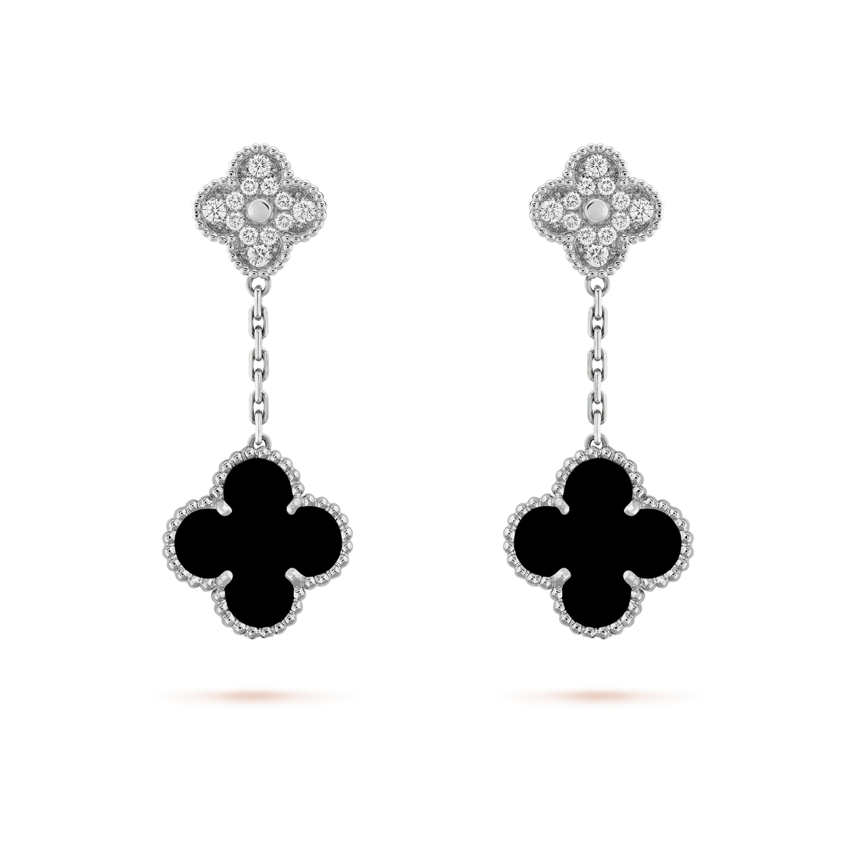 [⭐⭐JeweliWhal]CLOVER 2 MOTIFS  DIAMOND ONYX EARRINGS SILVER