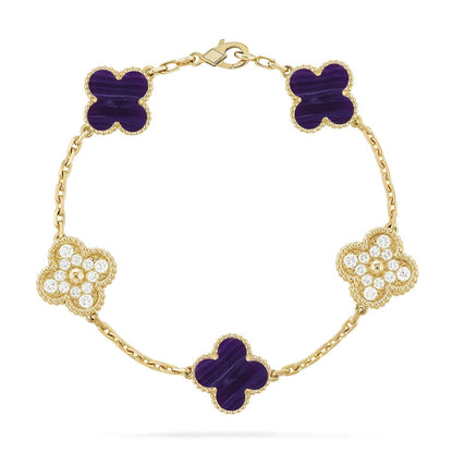 [⭐⭐JeweliWhal]KOLLEKTION ARMBAND MIT 5 KLEEBATT-MOTIVEN UND LILA STREIFEN