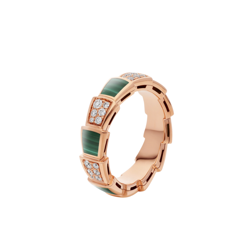 [⭐⭐JeweliWhal]SERPENTI RING PINK GOLD MALACHITE DIAMOND PAVED 4MM