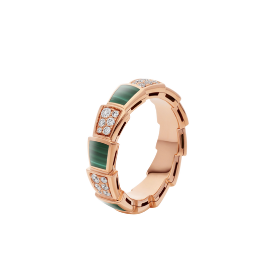 [⭐⭐JeweliWhal]SERPENTI RING PINK GOLD MALACHITE DIAMOND PAVED 4MM
