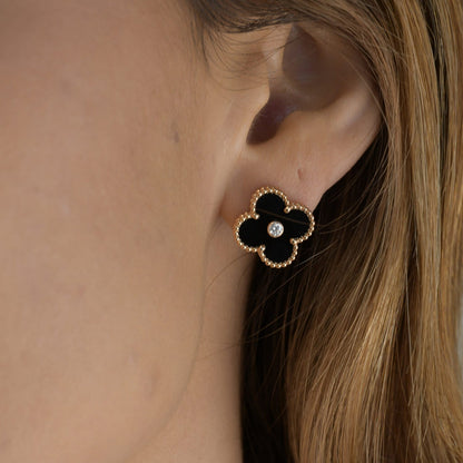 [⭐⭐JeweliWhal]CLOVER MEDIUM 1 MOTIFS ONYX DIAMOND EARRINGS