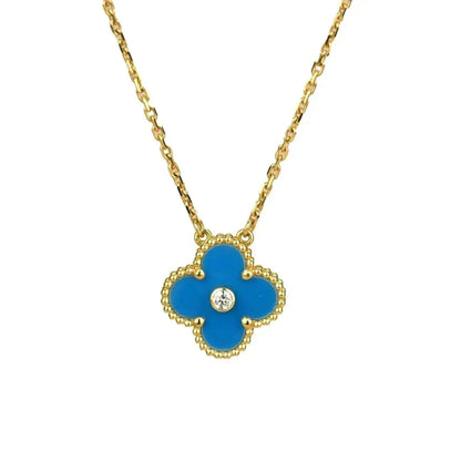 [⭐⭐JeweliWhal]CLOVER 15MM DIAMANT- UND BLAUE-ACHAT-HALSKETTE