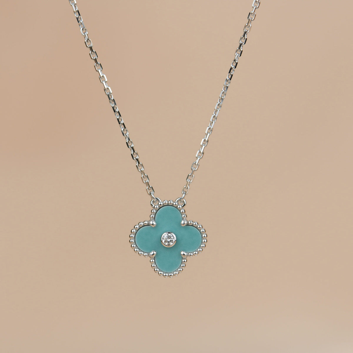 [⭐⭐JeweliWhal]CLOVER 15MM DIAMOND SVRES PORCELAIN  NECKLACE SILVER