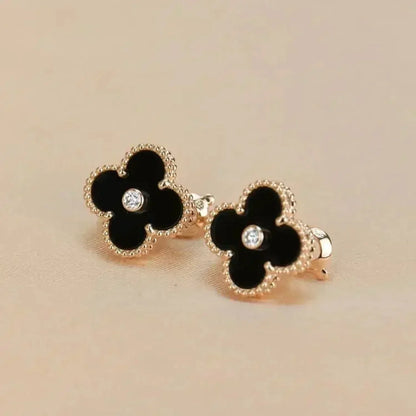 [⭐⭐JeweliWhal]CLOVER MEDIUM 1 MOTIFS ONYX DIAMOND EARRINGS