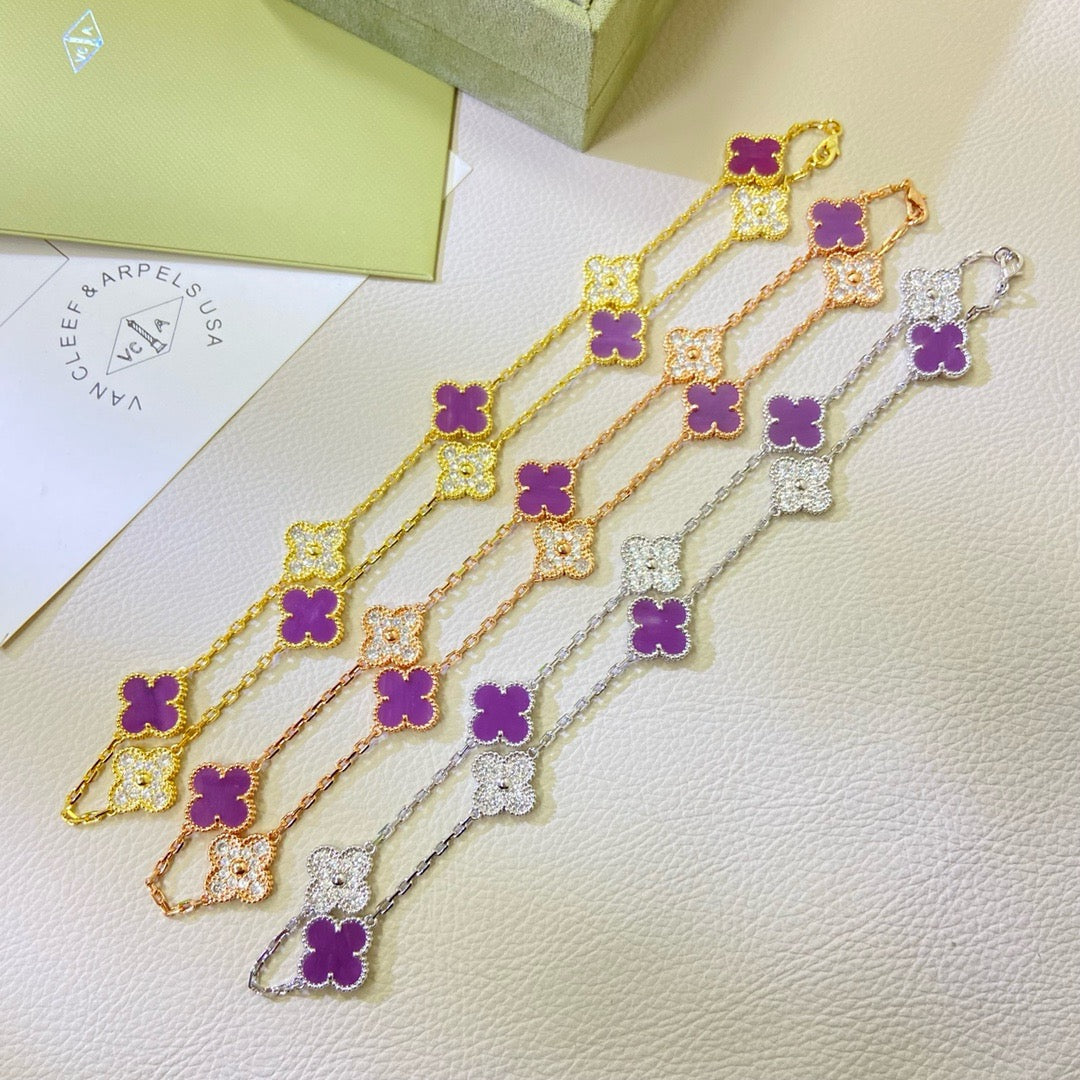 [⭐⭐JeweliWhal Schmuck]CLOVER HALSKETTE MIT 10 MOTIVEN IN LILA VIOLETT MIT DIAMANTEN