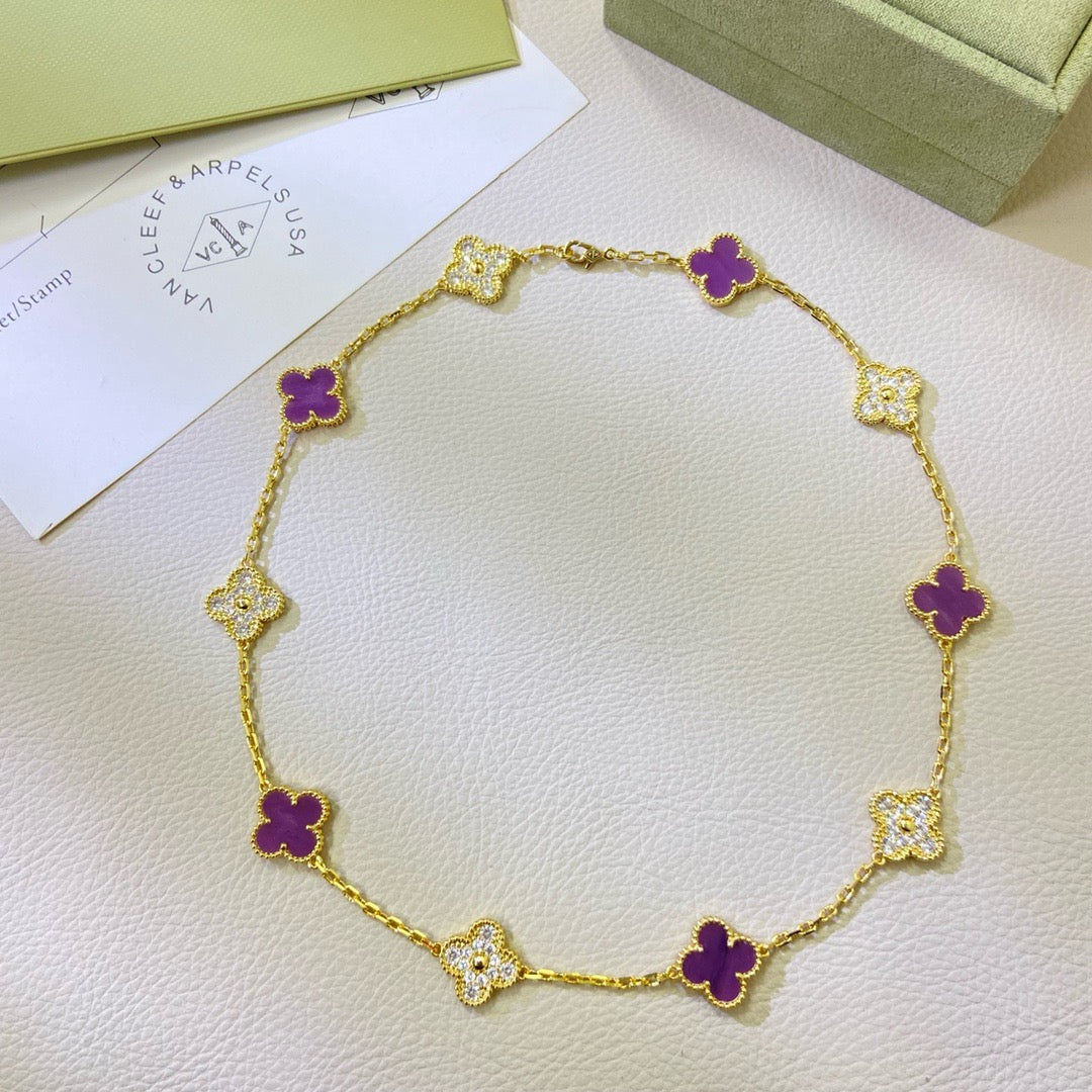 [⭐⭐JeweliWhal Schmuck]CLOVER HALSKETTE MIT 10 MOTIVEN IN LILA VIOLETT MIT DIAMANTEN