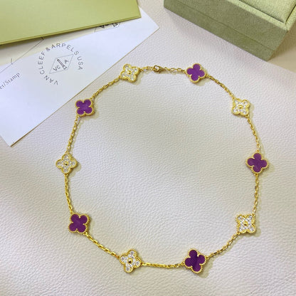 [⭐⭐JeweliWhal Schmuck]CLOVER HALSKETTE MIT 10 MOTIVEN IN LILA VIOLETT MIT DIAMANTEN