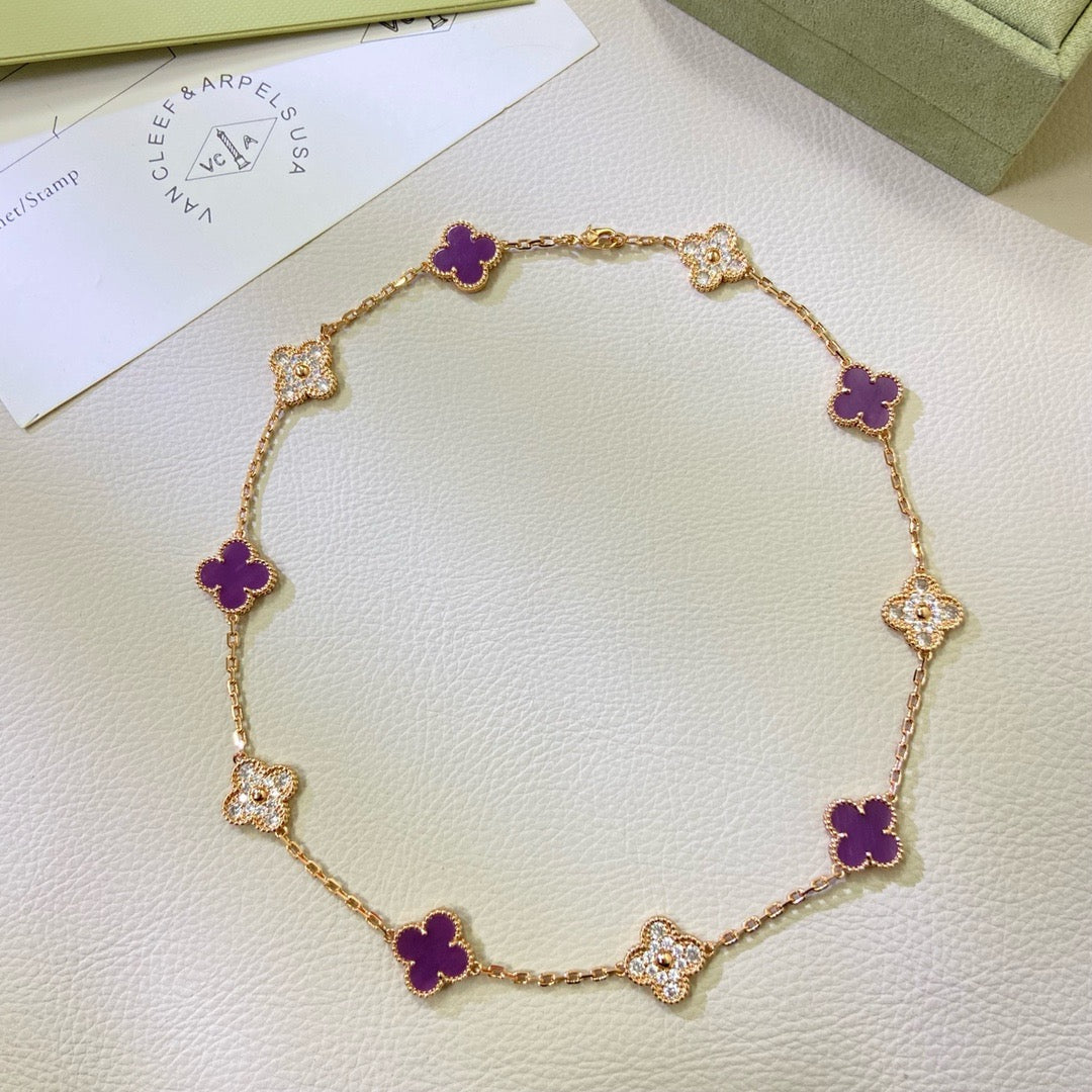 [⭐⭐JeweliWhal Schmuck]CLOVER HALSKETTE MIT 10 MOTIVEN IN LILA VIOLETT MIT DIAMANTEN