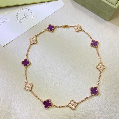 [⭐⭐JeweliWhal Schmuck]CLOVER HALSKETTE MIT 10 MOTIVEN IN LILA VIOLETT MIT DIAMANTEN