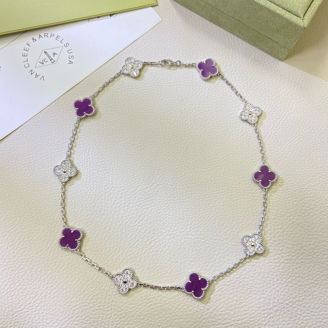 [⭐⭐JeweliWhal Schmuck]CLOVER HALSKETTE MIT 10 MOTIVEN IN LILA VIOLETT MIT DIAMANTEN
