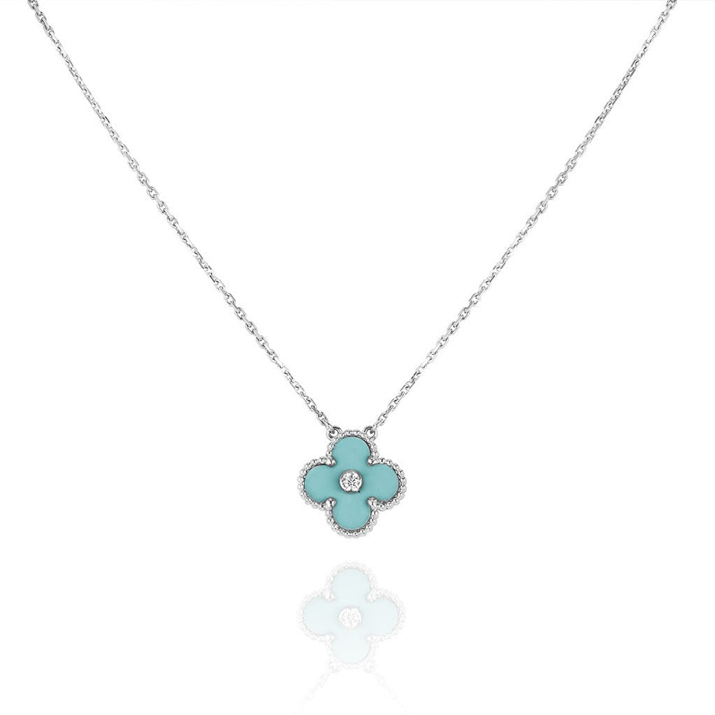 [⭐⭐JeweliWhal]CLOVER 1 DIAMOND LIGHT BLUE SILVER NECKLACE